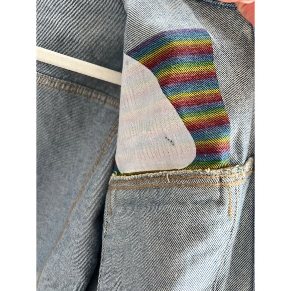 Old Navy XL Tall Distressed Denim Jacket Smiley Face Rainbow Lining Unisex NWT - Picture 3 of 8
